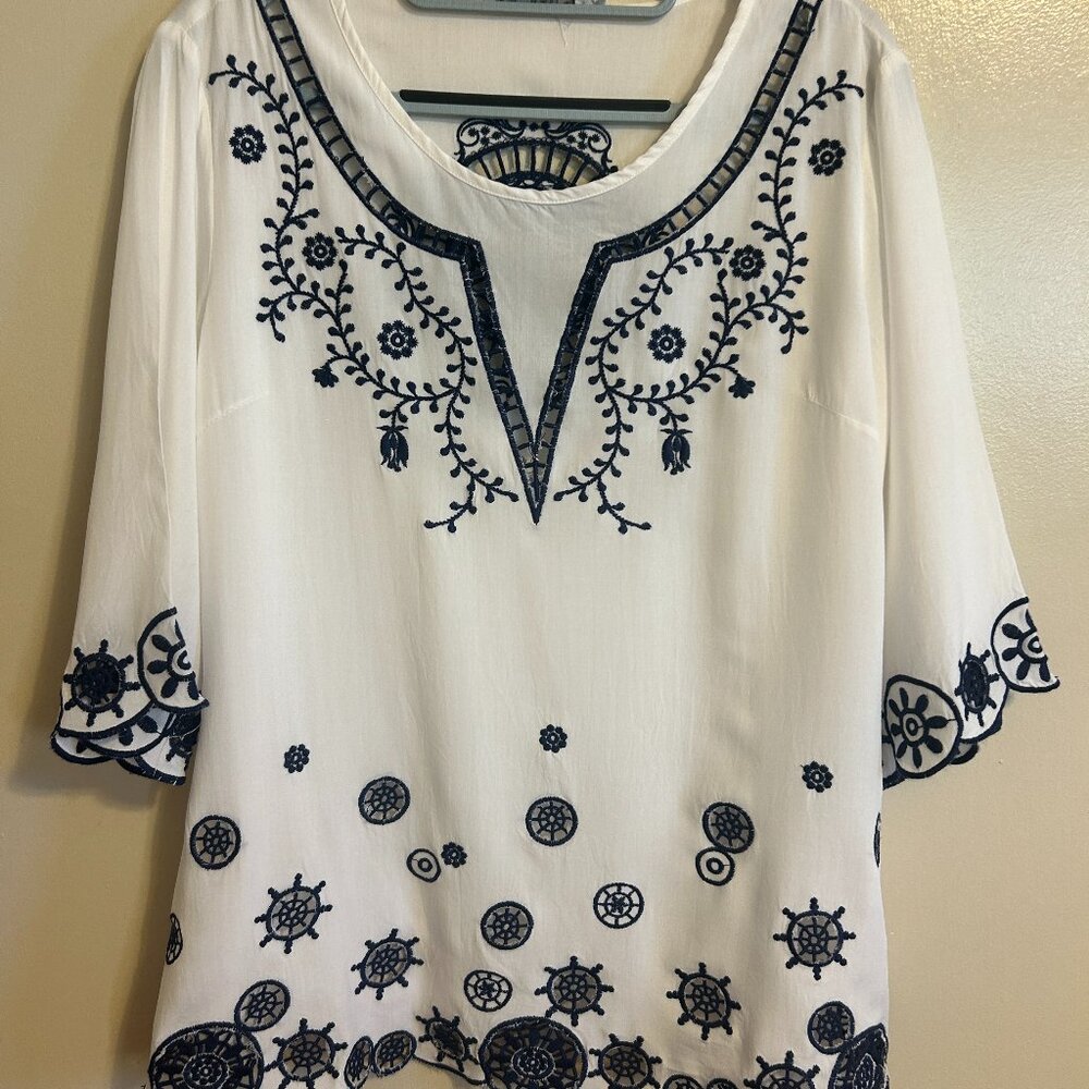 White with navy blue embroidery top